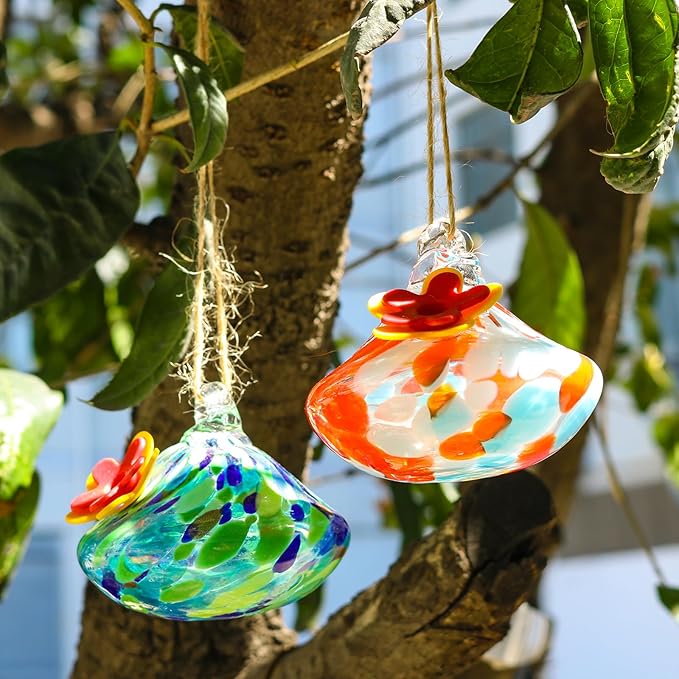 2 Pcs Blown Glass Hummingbird Feeder for Outdoors Hanging, Ant & Bee Resistant Window Bird FeederHandmade Garden Decor Gift for Women - Small Round Glass Feeders Bundle