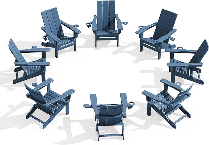 SERWALL Modern Folding Adirondack Chair Set of 8, Weather Resistant Outdoor Adirondack Chair with Dual Cup Holders, HDPE Fire Pit Chairs for Patio Lawn Garden, Blue