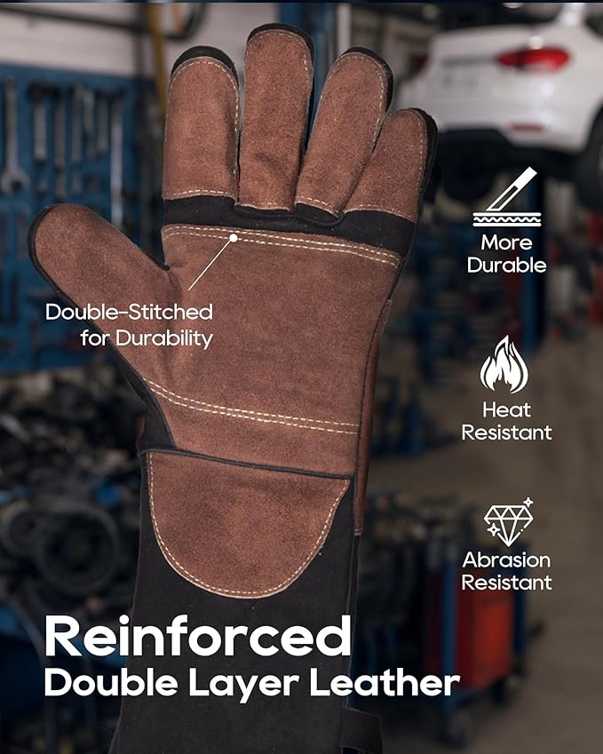 TOPDC Fire Resistant Reinforced Leather Fireproof Gloves with Kevlar Stitching for Mig, Tig, Stick, Forge, BBQ, Grill, Oven, Fireplace, Furnace, Animal Handling, X-LARGE