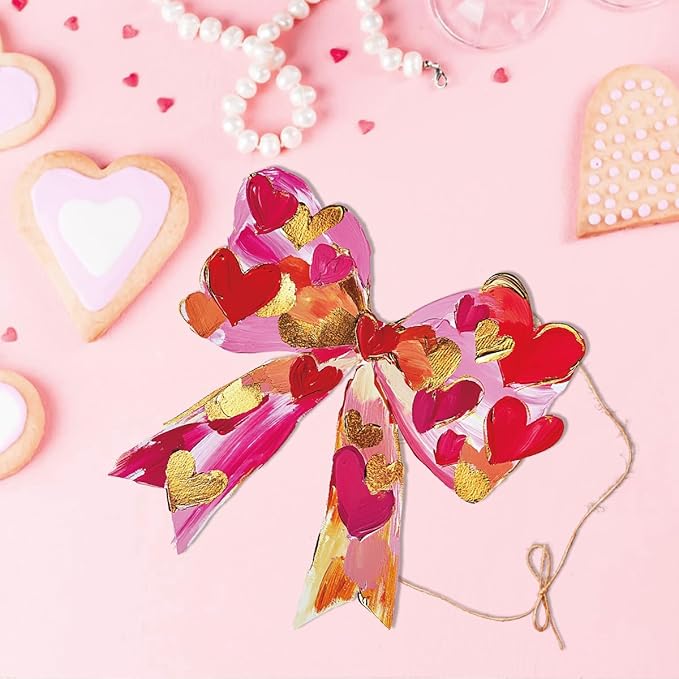 Valentines Day Wall Decor, Valentines Day Door Decorations, Gift for Boyfriend Girlfriend, Romantic Pink Heart Bow Brushstroke Wood Hanging Sign Anniversary Porch Home Office Door Decor