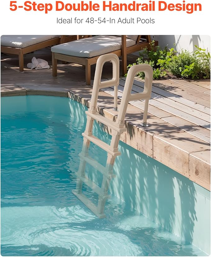 VEVOR Swimming Pool Ladder, Inclined 5-Step Double Handrails Stair, Non-slip Heavy Duty Step, Load Capacity 300 lb, for 48-54" Inground & Above-ground Pools of Any Deck Surface Indoor & Outdoor, Taupe