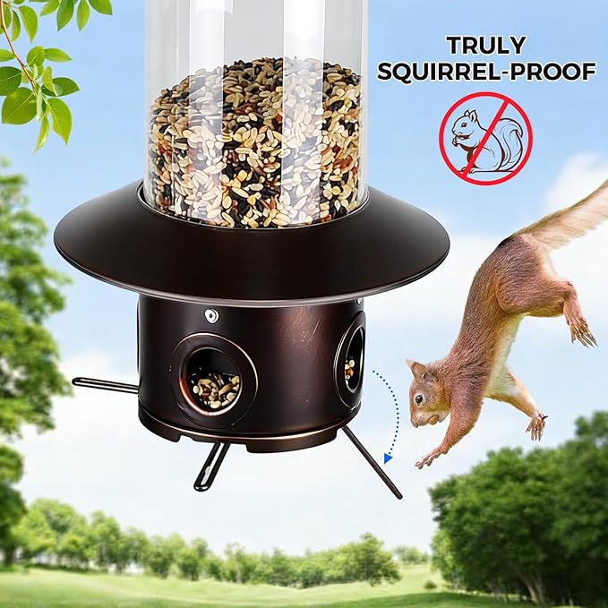 Squirrel Proof Bird Feeders for Outdoor: 4.8LB Large Capacity Hanging Bird Feeder, Weight-Activated Mechanism Wild Bird Feeders, Chew-Proof Metal Birdfeeder for Finch Cardinal Chickadee