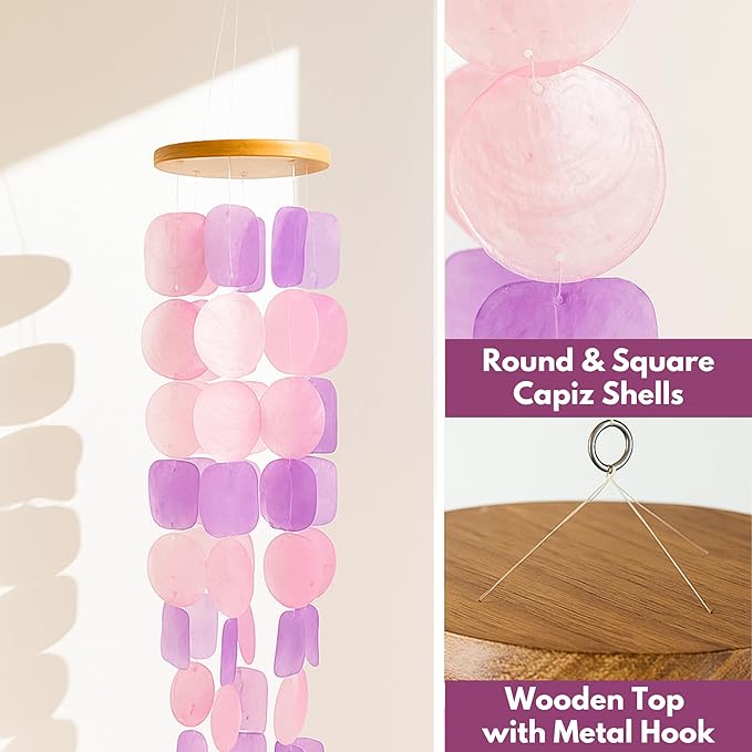 Solange & Frances Capiz Shell Wind Chimes for Outside - Elegant Outdoor Decor for Garden, Patio and Front Porch Decor. Unique Gifts for Mom, Gift for Women, Valentines Day Gifts (Purple & Pink)