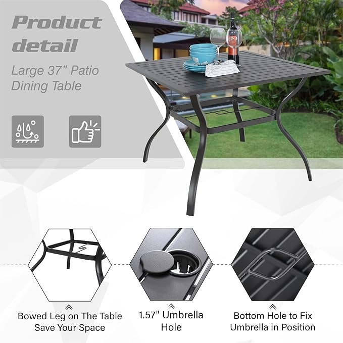 PHI VILLA 5-Piece Metal Patio Outdoor Table and Chairs Dining Set- 37" Square Bistro Table and 4 Backyard Garden Chairs, Table with 1.57" Umbrella Hole