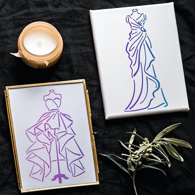 MAYJOYDIY 4 Styles Dress Stencils for Painting 11.8x11.8inch Formal Evening Wedding Dress Drawing Templates with Paint Brush for Art Crafts Wall Furniture