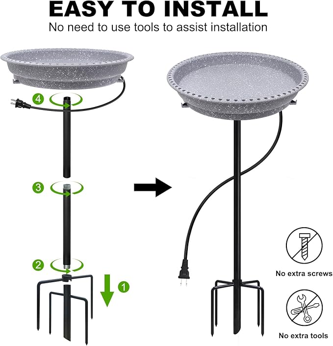 BIRD WISH Heated Bird Bath, Stable 5-Prong Metal Base Thermostat Control Weather Resistance All Seasons Available 75W Heated Bird Baths for Outdoors for Winter Garden Yard Patio Lawn, Spotted Grey