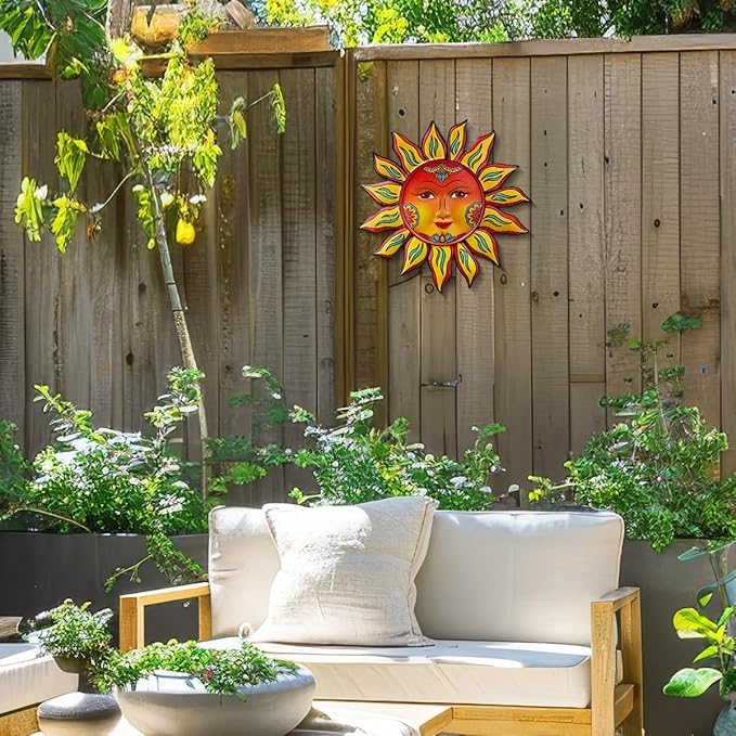 Metal Sun Flower Wall Decor - 13 inches Sun Wall Art Hanging Decorations for Outdoor, Home Garden Yard Patio Fence Bedroom Decor, Gifts for Mom Friends