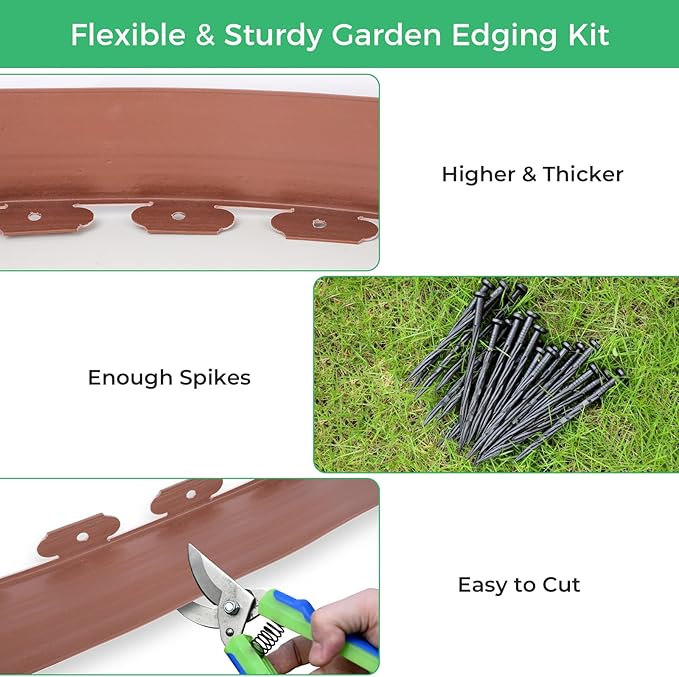 4-Inch x 33 FT Landscape Edging Border with 50 Spikes, Garden Edging Lawn Border Kit, Plastic Edging Border Flexible for Garden Flower Beds Lawn Yard Pathway (Brown)