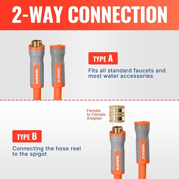 YAMATIC 5/8 in x 10 ft Female-to-Female Short Garden Hose, 2-in-1 Dual Use with Solid Brass Swivel Fitting, All-Weather, 600 PSI Burst