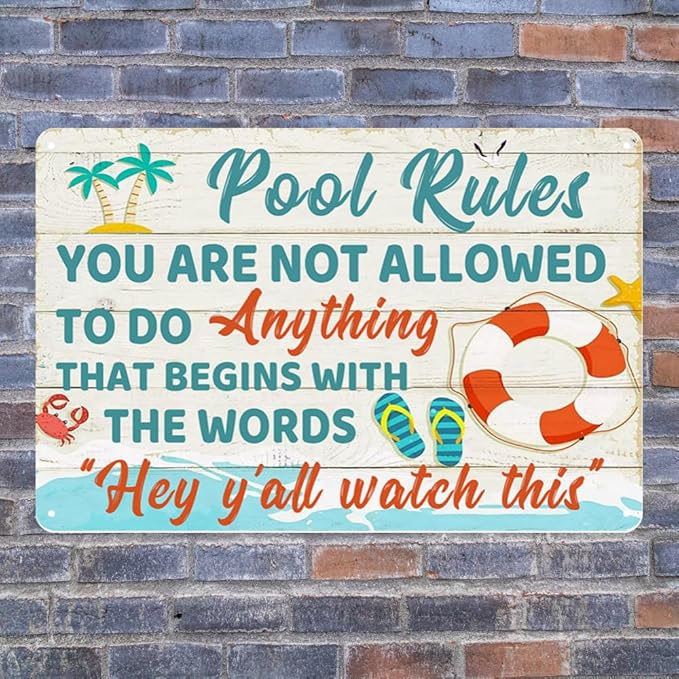 Funny Pool Signs Pool Decorations Outdoor Pool Rules Sign Pool Deck Decor Pool Metal Signs Pool Patio Accessories For Beach, Home, Bar, Pool Deck, And Backyard Wall Decoration 8 X 12 Inches