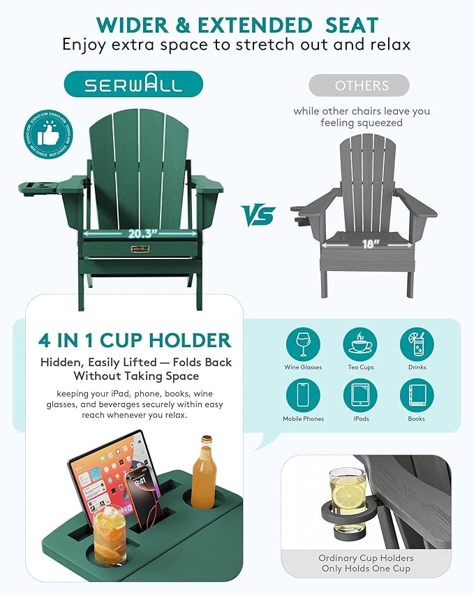 SERWALL Folding Adirondack Chair, Outdoor Adirondack Chairs with 4 in 1 Cup Holder, Weather Resistant Plastic Patio Chair for Garden, Backyard, Deck, Lawn, Fire Pit- Green