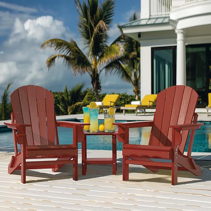 Folding Adirondack Patio Chairs, HDPE Fire Pit Chairs Weather Resistant, Outdoor Adirondack Chair with Cup Holder and Umbrella Hole, Wood Texture, Dark Red