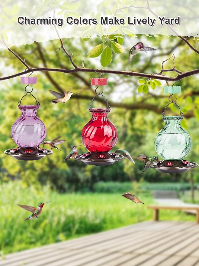 Hummingbird Feeder, Auslar 26 Ounces Glass Hummingbird Feeders for Outdoors Hanging Ant and Bee Proof, Ant Moat & 5 Flower Feeding Ports, Rustproof, Leakproof, Netted Flower Bud Shape, Red, 2 Pack