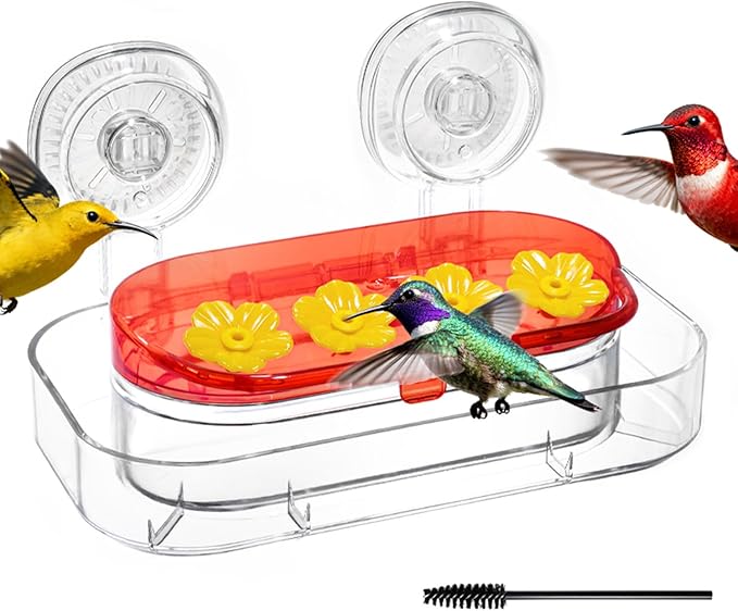 Redboat Window Hummingbird Feeder, Strong Suction Cup Hummingbird Feeder with 4 Feeding Ports, Easy to Clean and Refill Plastic Humming Bird Feeder,Gifts,1 Pack,10oz
