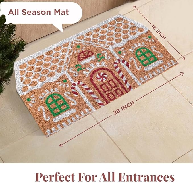Folkulture Christmas Door Mat Outdoor, Eco Friendly Christmas Door Mats for Front Door, 28 X 16 Inch Welcome Matt or Doormat for Home Entrance, Durable & Anti Slip Coir Door Mats (Gingerbread House)