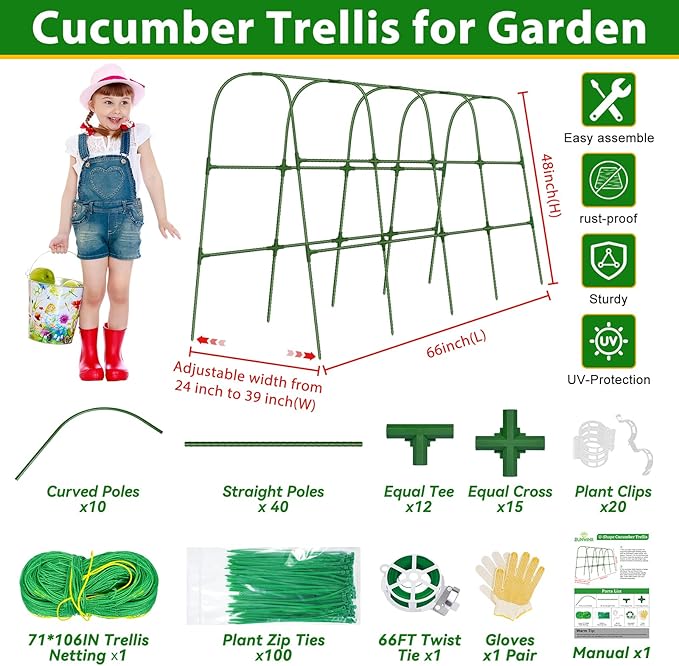 Garden Cucumber Trellis for Climbing Plants Outdoor- 66x48 Inch U-Shaped Cucumber Trellis for Raised Bed, Metal Arch Plant Trellis for Outdoor Vegetable Grape Pea Bean Vine Squash