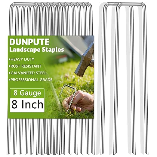 Heavy Duty 8 Inch Galvanized Landscape Staples Stakes, DUNPUTE 50 Pack 8 Gauge Garden Metal Stakes, Ideal for Weed Barrier Stakes, Drip Irrigation Tubing, Landscape Fabric, Lawn and Ground Securing