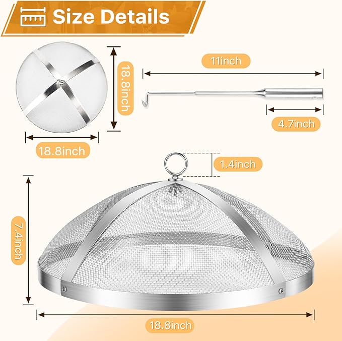 Fire Pit Spark Screen for Solo-Stove Bonfire 19.5", Stainless Steel Bonfire Sheid Accessories with Removal Handle, Firepit Screens Cover Detachable Mesh Lid for Backyard, Beach, RV Camping
