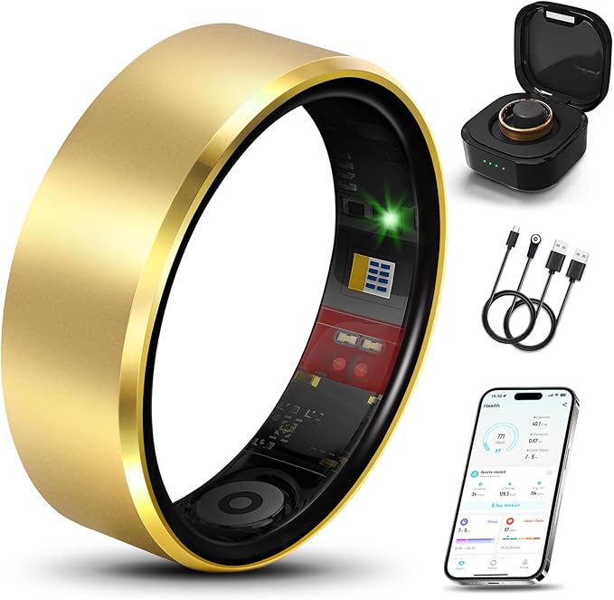 Smart Health Ring 2.0 for Women Men, Slim Scratch & Fingerprint Resistant Design, Efficient Chip Fitness Tracker, Monitors Heart, Blood Oxygen & Pressure, Sleep, Steps, Waterproof, Gold 9