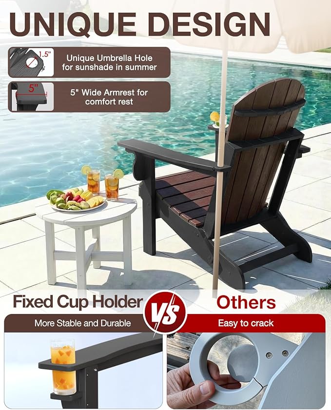 Folding Adirondack Chair –Recyclable HDPE Outdoor Adirondack Patio Chair with Cup Holder, Wood Texture & Umbrella Hole, 25-Year Fade-Free All Weather for Fire Pit, Porch, Poolside, Deck, Brown & Black