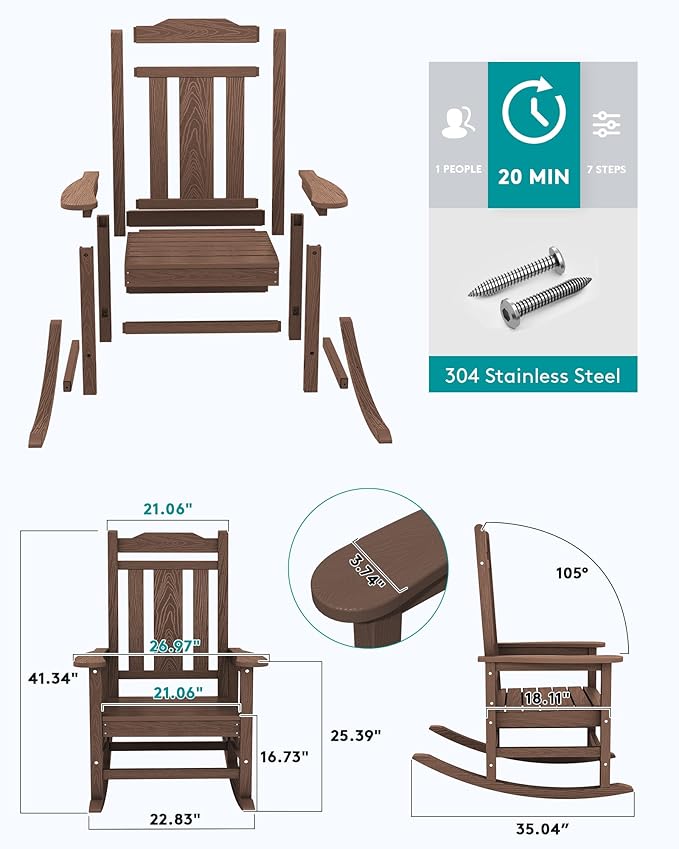 SERWALL Oversized Rocking Chair Set of 2 Outdoor, HDPE Outdoor Rocking Chair Set of 2, Coffee