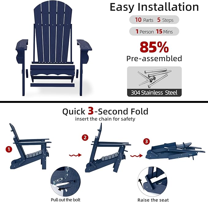 Folding Adirondack Chairs, HDPE Plastic Adirondack Chair with Cup Holder Weather Resistant, Wood Texture Outdoor Fire Pit Chairs for Patio Garden,Poolside and Deck, Umbrella Hole, Dark Blue