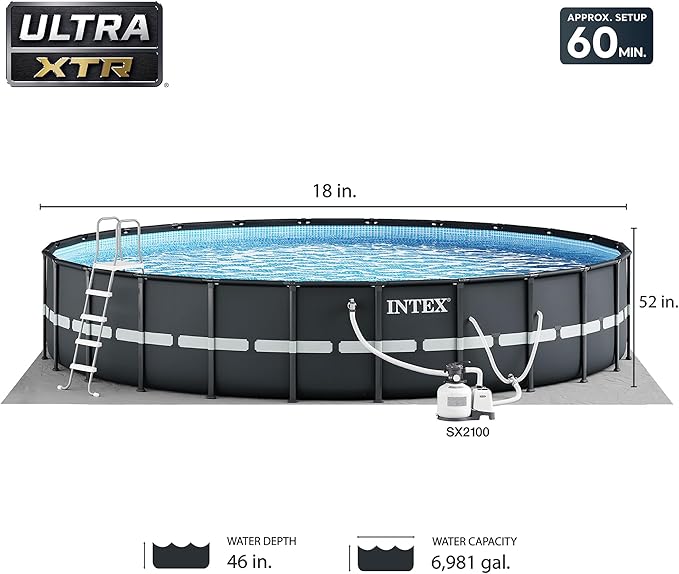 Intex Above Ground Swimming Pool Set, Ultra XTR 18' x 52" Round Frame Bundled with OptiFlow Premium Pure Silica Filter Pool Sand, 50 lb Bag