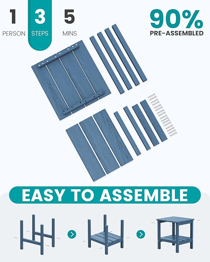 SERWALL 2-Tier HDPE Outdoor Side Tables Set of 2, Weatherproof Rectangular Adirondack Side Table, Blue