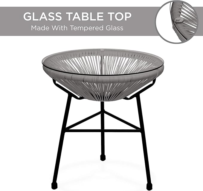 Best Choice Products 3-Piece Outdoor Acapulco All-Weather Patio Conversation Bistro Set w/Plastic Rope, Glass Top Table and 2 Chairs - Gray