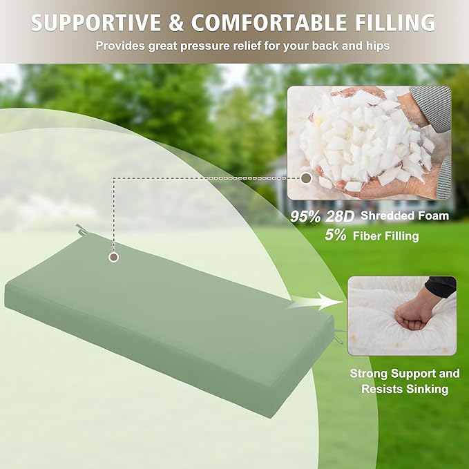 Outdoor Bench Cushion Waterproof 45"x18" – Fade-Resistant Patio Furniture Cushion with Ties for Porch Swing, Loveseat, or Indoor Bench Replacement, Sage Green