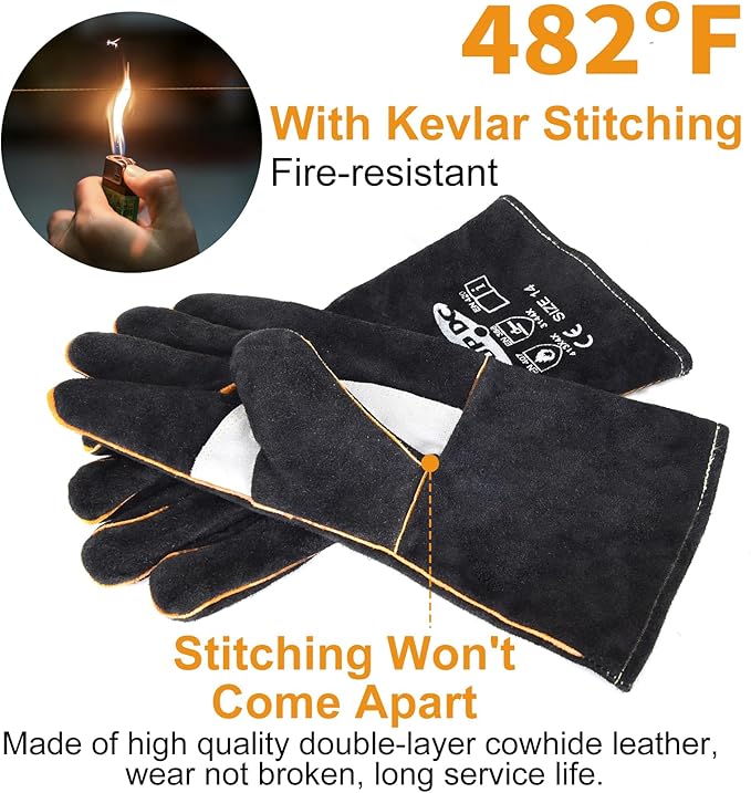 TOPDC Fireplace Gloves 14 Inches Welding Gloves Fire/Heat Resistant Leather Durable & Flexible for Wood Stove Fire Pit Campfire Grill BBQ Oven Mig/Stick Welding Furnace Handling - Christmas Gift, L