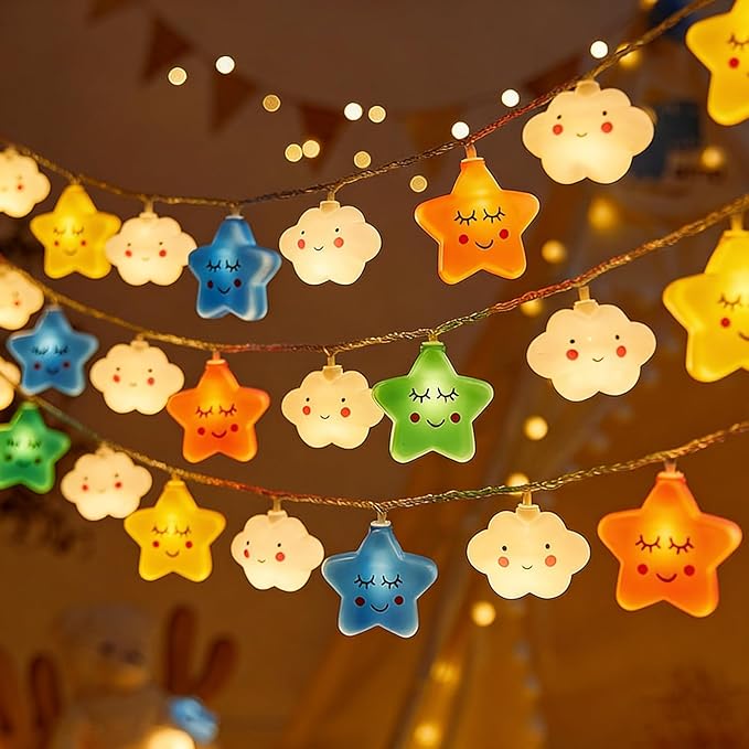 Colorful Clouds Stars Lights, 20 FT 40 LED Lights with Battery Operated Children's Bedroom Tents, Birthday Decorations, Wedding New Year Christmas Party Decoration (Stars Clouds, 20FT)