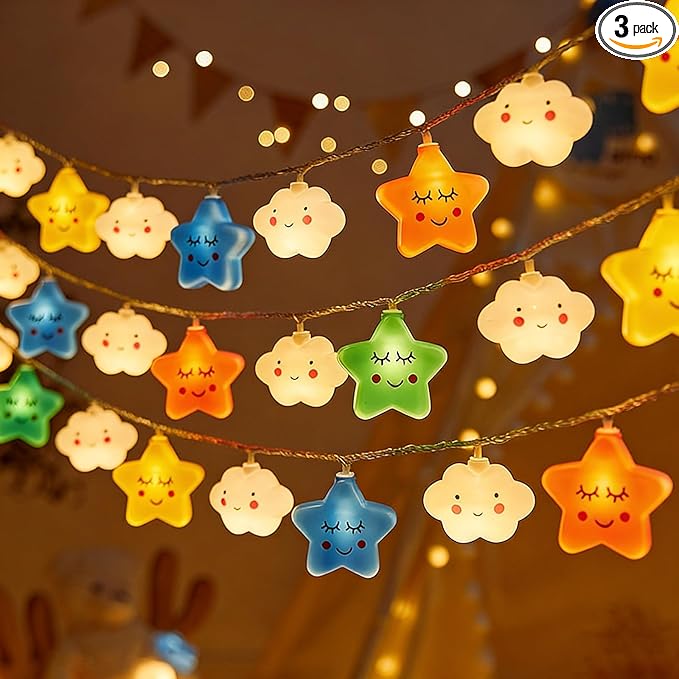 Colorful Clouds Stars Lights, 9.8FT 20 LED Lights with Battery Operated Children's Bedroom Tents, Birthday Decorations, Wedding New Year Christmas Party Decoration (Stars Clouds, 9.8FT)