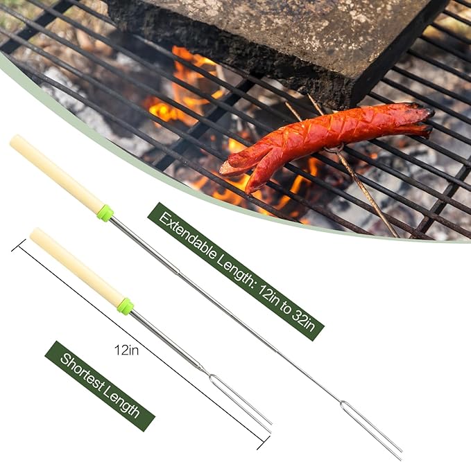 8 Pack Marshmallow Roasting Sticks Set, Extendable 32in Long Metal Barbecue Skewers with Wooden Handle, for Marshmallow, Hot Dogs, Camping, BBQ, Grill