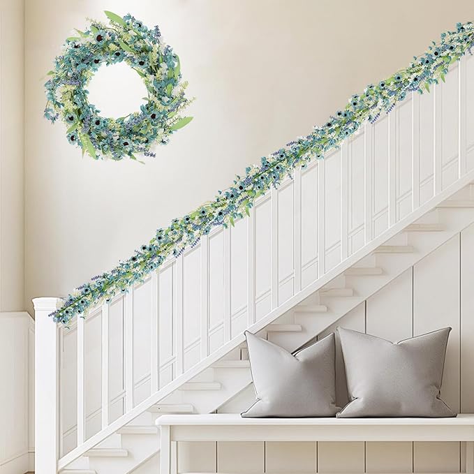 6FT Blue Flower Garland Fake Flowers Vines Faux Artificial Floral Garland Summer Spring Wreath Blueness with Green Leaves Wreaths Blue Daisy Artificial Grains Flower Wreath for Front Door Wreaths