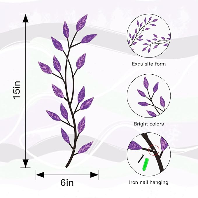 LWHZHE 2 Pieces Vintage Tree Leaf Wall Art Vine Metal Bathroom Wall Decor Olive Branch Wall Decor Living Room Tree Wall Art for Outdoor Hallway Kitchen Garden (Purple)