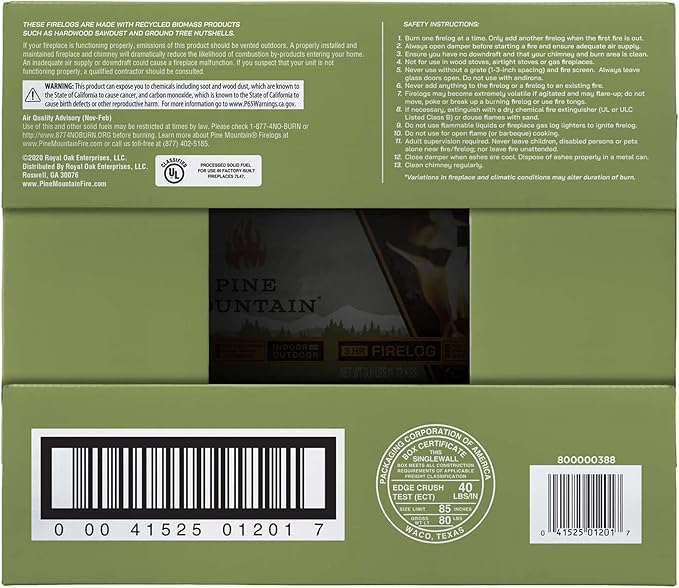 Pine Mountain 100% Natural Classic Firelog, 3-Hour Burn Time, 6 Logs, Green