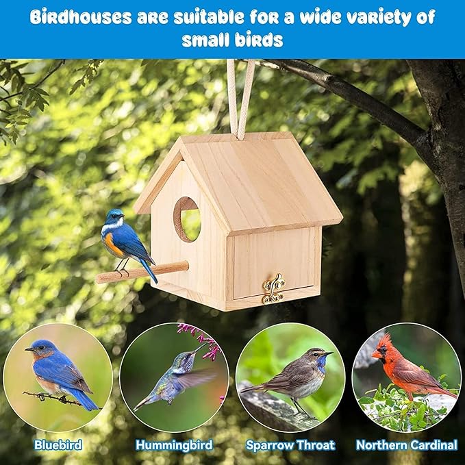 Bird Houses for Outside Clearance with Pole, Wood Birdhouse Blue Transparent Outdoor Bird Houses for Hanging Garden Birdhouse Clearance for Finch Swallow Sparrow Hummingbird Throstle