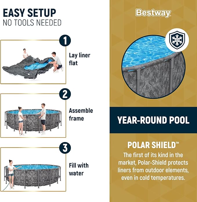 Bestway APX 365 20' x 52" Above Ground Pool, Round Metal Frame Outdoor Swimming Pool Set with Sand Filter Pump, Ladder, and Cover, Dark Marble