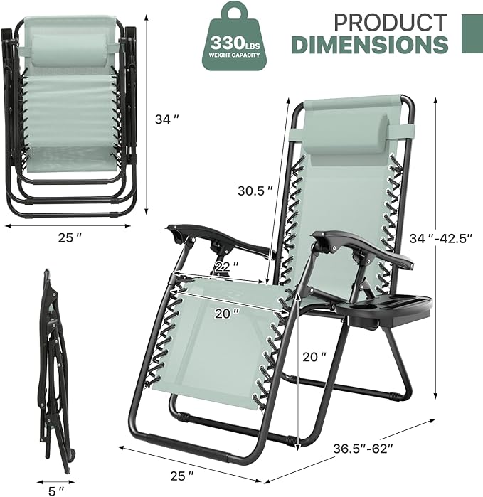 Magshion Zero Gravity Lounge Chairs Set of 2, Outdoor Patio Reclining Chair with Side Tray, Adjustable Anti-Gravity Recliners with Pillow Headrest, Folding Lounger for Lawn Camping Beach, Sage Green