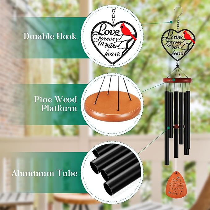 Kathfly Cardinal Wind Chimes for Loss of Loved One, 28" Memorial Wind Chimes for Outside, Cardinal Sympathy Bereavement Condolence Funeral Windchime Gifts for Loss of Lover Mom Father Husband