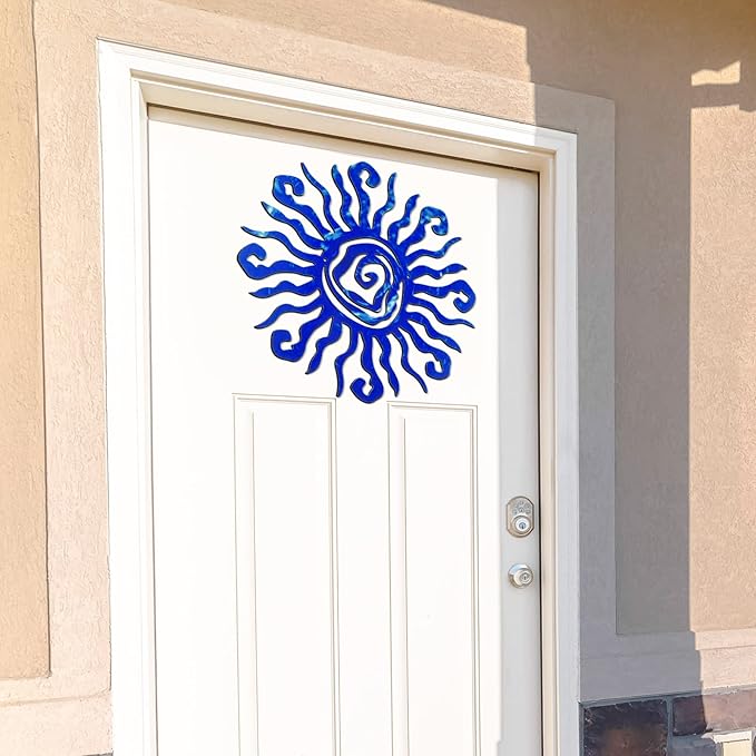 Moxweyeni 12 Inch Sun Metal Wall Art Outdoor Decor Wacky Large Sun Metal Art Wall Decor Pool Decorations for Home Bedroom Living Room Office Garden(Blue)