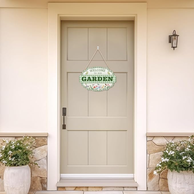 HOURIA 3D Welcome to Our Garden Wood Sign,(11.4”x8”) Gardening Yard Greenhouse Decor,Sage Green Gardening Sign, Flowers Butterfly Garden Decorations for Outside Indoor,Gardening Gifts