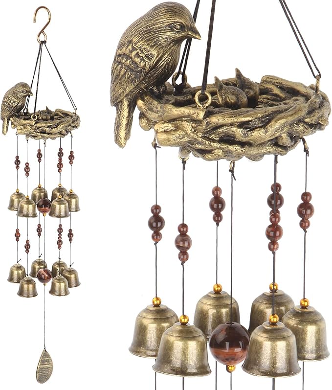 Bird Nest Wind Chime, Bird Bells Chimes with 12 Wind Bells for Glory Mother’s Love Gift, Garden Backyard Church Hanging Decor, Bronze