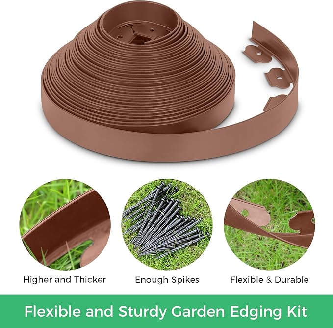 2-Inch x 50 FT Landscape Edging Border with 75 Spikes, Garden Edging Lawn Border Kit, Plastic Edging Border Flexible for Garden Flower Beds Lawn Yard Pathway (Brown)