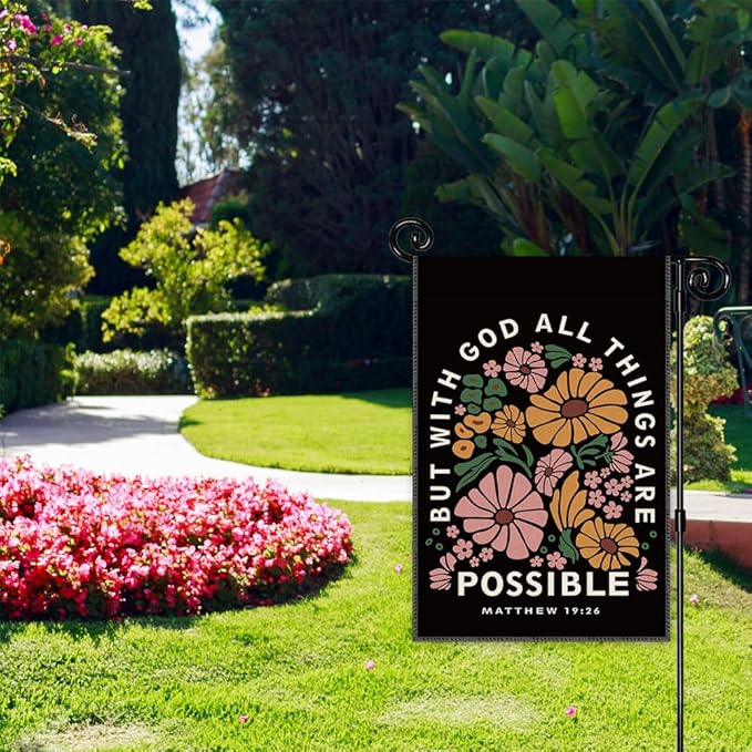 But With God All Things Are Possible Garden Flag, Religious Spring Garden Flag for Outside, Matthew 19:26 Double Sided Farmhouse Lawn Porch Yard Banner, Christian Gifts for Mom Family Neighbor