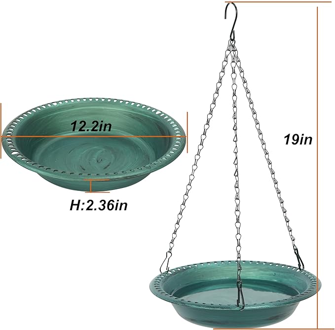 Antique Outdoor Garden Hanging Bird Bath for Outside, 12 inch Heavy Duty BirdBath Bowl Only with Chains, Hanging Bird Feeder Tray for Backyard Decor Green