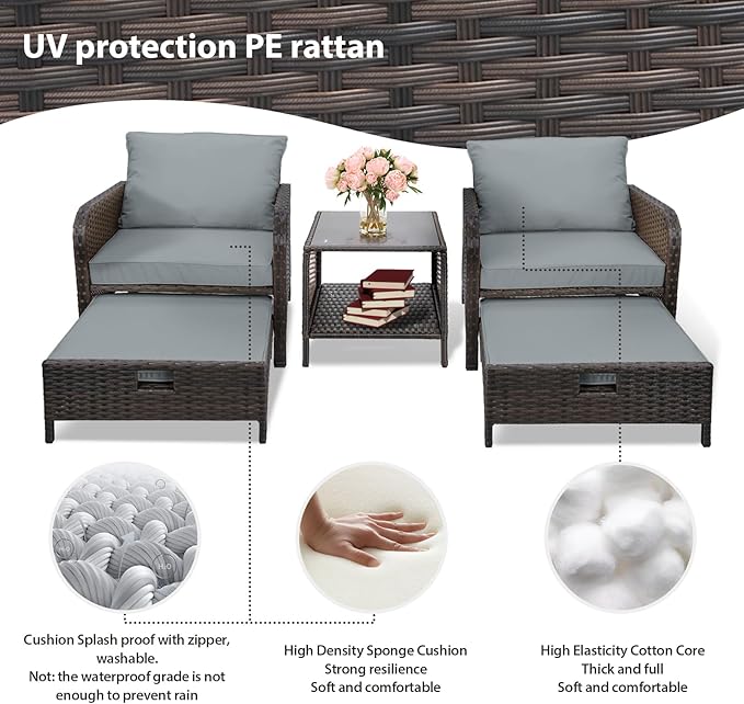 LEVELEVE Balcony Furniture 5 Piece Patio Conversation Set, PE Wicker Rattan Outdoor Lounge Chairs with Soft Cushions 2 Ottoman&Glass Table for Porch, Lawn-Brown Wicker