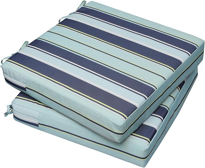 AAAAAcessories Outdoor Seat Cushions for Chairs, Waterproof, Fade-Resistant, 20" x 18" x 3", Patio Furniture Replacement Cushions, Set of 2, Stormy Teal Coastal Stripe