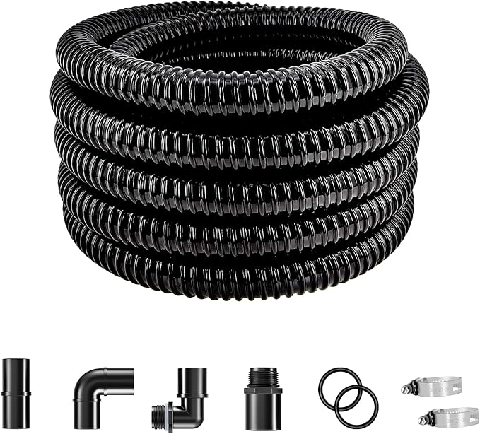 LONGRUN Pond Tubing 1.5 Inch 1-1/2'' Diameter, 26.9 ft Long Corrugated Flexible Hose Pipe with Clamps Pipe Fittings, Pool PVC Tube for Garden Ponds Waterfalls Camping Caravans Filters Drainage Marine